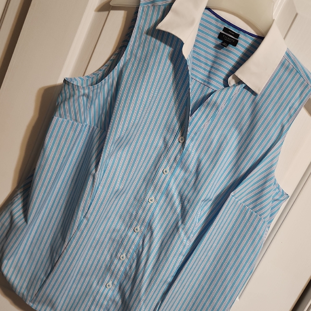 Talbots Blue and White Casual Button Down Sleeveless Shirt